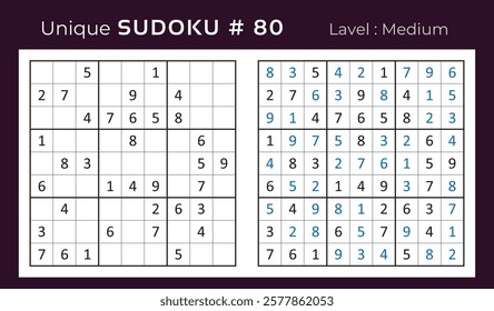 Vector design of sudoku puzzle game with answer. Medium level 9 × 9 grid sudoku logic game.