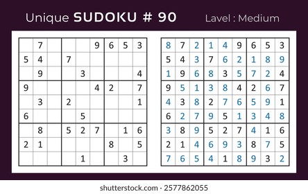 Vector design of sudoku puzzle game with answer. Medium level 9 × 9 grid sudoku logic game.