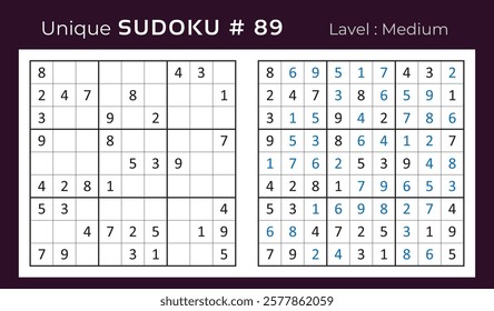 Vector design of sudoku puzzle game with answer. Medium level 9 × 9 grid sudoku logic game.