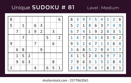 Vector design of sudoku puzzle game with answer. Medium level 9 × 9 grid sudoku logic game.