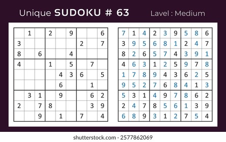 Vector design of sudoku puzzle game with answer. Medium level 9 × 9 grid sudoku logic game.