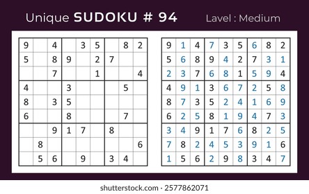 Vector design of sudoku puzzle game with answer. Medium level 9 × 9 grid sudoku logic game.