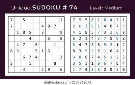 Vector design of sudoku puzzle game with answer. Medium level 9 × 9 grid sudoku logic game.