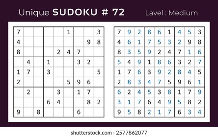 Vector design of sudoku puzzle game with answer. Medium level 9 × 9 grid sudoku logic game.