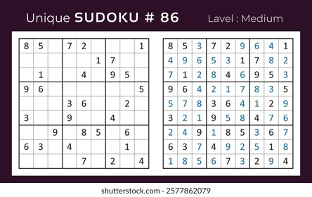 Vector design of sudoku puzzle game with answer. Medium level 9 × 9 grid sudoku logic game.