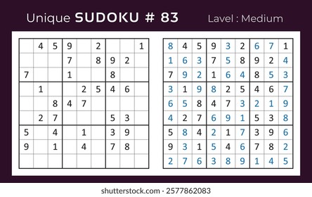 Vector design of sudoku puzzle game with answer. Medium level 9 × 9 grid sudoku logic game.