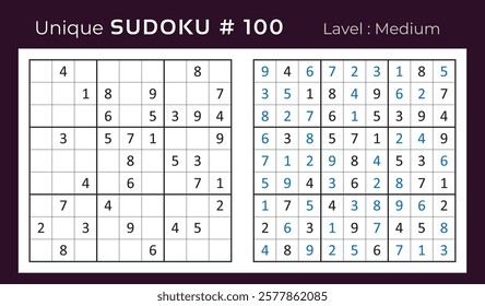 Vector design of sudoku puzzle game with answer. Medium level 9 × 9 grid sudoku logic game.