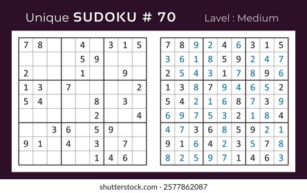 Vector design of sudoku puzzle game with answer. Medium level 9 × 9 grid sudoku logic game.