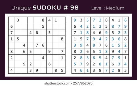 Vector design of sudoku puzzle game with answer. Medium level 9 × 9 grid sudoku logic game.