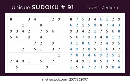 Vector design of sudoku puzzle game with answer. Medium level 9 × 9 grid sudoku logic game.