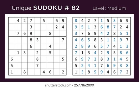 Vector design of sudoku puzzle game with answer. Medium level 9 × 9 grid sudoku logic game.