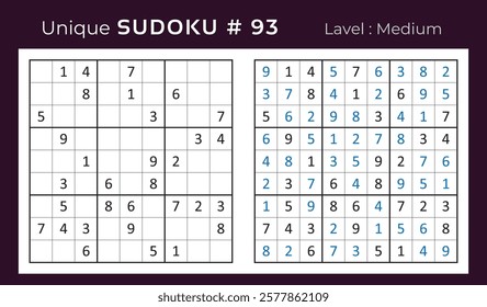 Vector design of sudoku puzzle game with answer. Medium level 9 × 9 grid sudoku logic game.