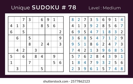 Vector design of sudoku puzzle game with answer. Medium level 9 × 9 grid sudoku logic game.