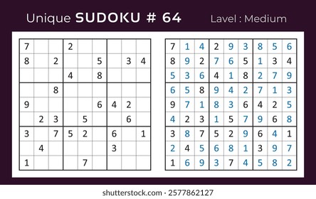 Vector design of sudoku puzzle game with answer. Medium level 9 × 9 grid sudoku logic game.