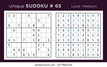 Vector design of sudoku puzzle game with answer. Medium level 9 × 9 grid sudoku logic game.