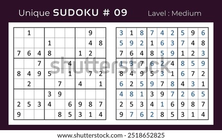 Vector design of sudoku puzzle game with answer. Medium level 9 × 9 grid sudoku logic game.