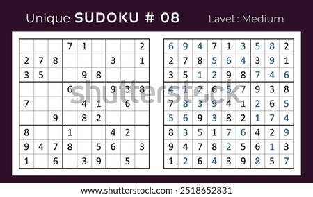 Vector design of sudoku puzzle game with answer. Medium level 9 × 9 grid sudoku logic game.