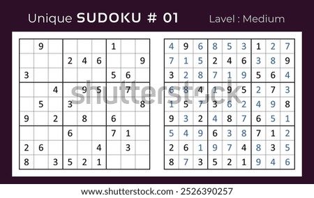 Vector design of sudoku puzzle game with answer. Medium level 9 × 9 grid sudoku logic game.