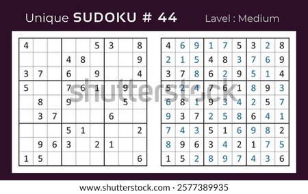 Vector design of sudoku puzzle game with answer. Medium level 9 × 9 grid sudoku logic game.