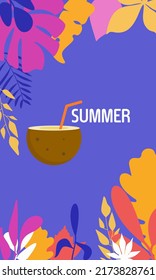 Vector design summer backgrounds for banner or web banner, greeting card, poster and advertising - bright banners with leaves and plants. Holiday and vacation. Coconut drink 