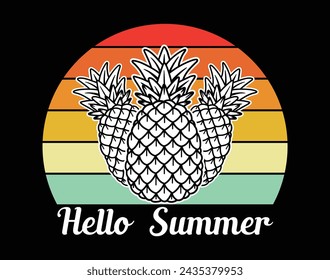 Diseño vectorial de la piña de dibujos animados del día de verano con 'Hola verano' Citas Decoración con Sunset Wallpaper Publicidad, Pegatina, Camiseta