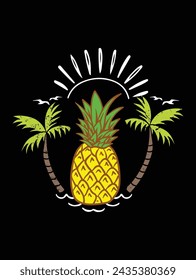 Vektor-Design von Sommer Tag Cartoon Ananas mit Dekoration Mit einem Kokosbaum Tapete Werbung, Aufkleber, T-Shirt