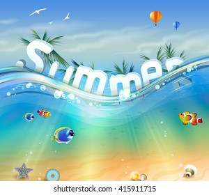 Vector Design of Summer, letters underwater with palm trees, wildlife and sea waves
