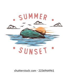 Diseño vectorial de la ilustración del atardecer de verano con estilo vintage