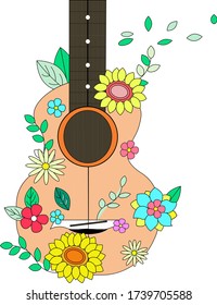 Vector Design der Sommerzeit mit einer blumengeschmückten akustischen Gitarre auf weißem Hintergrund. Vector-Abbildung.