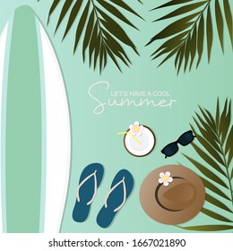 A vector design of summer vacation with tropical leaves, surf, slippers, coconut drink, sunglases, hat and flowers on a light green backgrond