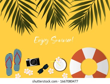 A vector design of summer vacation with tropical leaves, camera, slipper, coconut drink, sunglases, lifebuoy and flowers on a yellow background