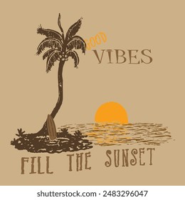 vector design of sunset view on the beach and coconut trees