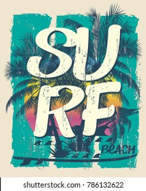 Vector design. Surf typography for T-shirt print, geometric elements for fabric, textile. Vector illustration, design graphics fashion wearing.