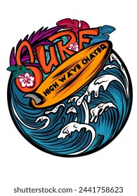 vector design of surfboard and sea waves, design for t-shirts, hoodies, hats, bags, paper bags, banners and others