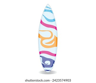 vector design of a surfboard that is usually used by surfers to follow the current of the ocean waves with colorful symbols carved on the body of the surfboard