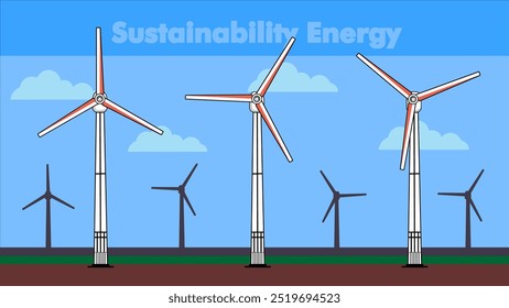 Vector Design of Sustainable Energy Featuring Wind Turbine Generators in a Scenic Landscape with Silhouettes of Wind Turbines