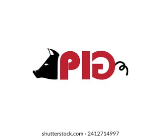 vector design of a symbol consisting of red letters that say PIG with a black head, eyes and nose ears shaped like a pig and on the back it looks like a coiled tail