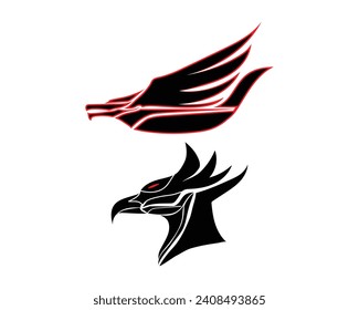 vector design of a symbol or emblem that resembles a dragon's head with black wings and an eagle's head and a mixture of red