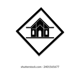 vector design of a symbol or logo shaped like a black building or house with a rectangular circle at a certain angle