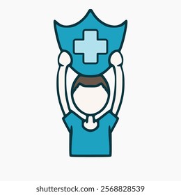 vector design of symbol of person raising blue security shield above head