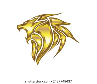 vector design of a symbol of a roaring lion's head with sharp fangs and the entire head is made of gold