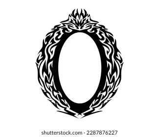 vector design of a symbol or tattoo or frame in the shape of a black oval with lots of carvings or ornaments with sharp corners on the edges and on the sides