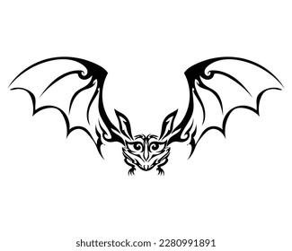 vector design of a symbol or tattoo shaped like a bat animal that is flying while spreading its two wings in black and white