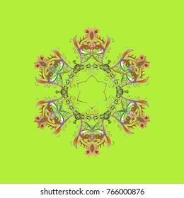 Vector design. Symbol winter, frozen, Christmas, New Year holiday. Snowflake mosaic icon. Graphic element decoration. Silhouette snow flake sign isolated green, neutral and pink colors. Flat design.