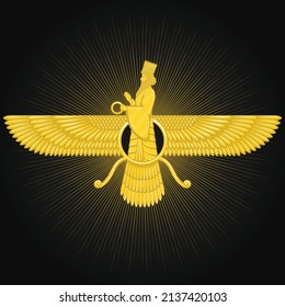 Vector design of Symbol of Zoroastrianism in gold color, Faravahar symbol in gold color