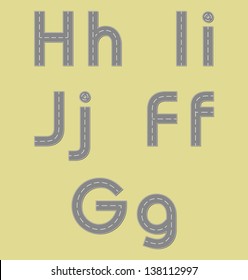 Vector design symbols of the alphabet in the form of a road with white line markings