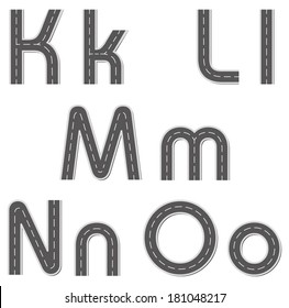 Vector design symbols of the alphabet in the form of a road with white line markings Isolated on white background