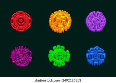 Vector design of symbols of ancient Aztec Civilization, colored hieroglyphs of the Maya calendar. Symbols for your 2D games or slots