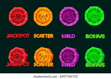 Vector design of symbols of ancient Aztec Civilization, colored hieroglyphs of the Maya calendar. Jackpot, Bonus, Wild and Scatter icons for your slots