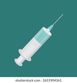 Design vetorial de seringa com líquido turquesa, sobre fundo turquesa, medicamento